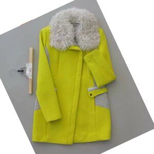 NWT Genuine Wool Fur Collar Wool Yellow Green Coat Raccoon Fur Removable